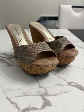 Seychelles Shimmery Gold-Tan Cork Wedge Slide Sandals